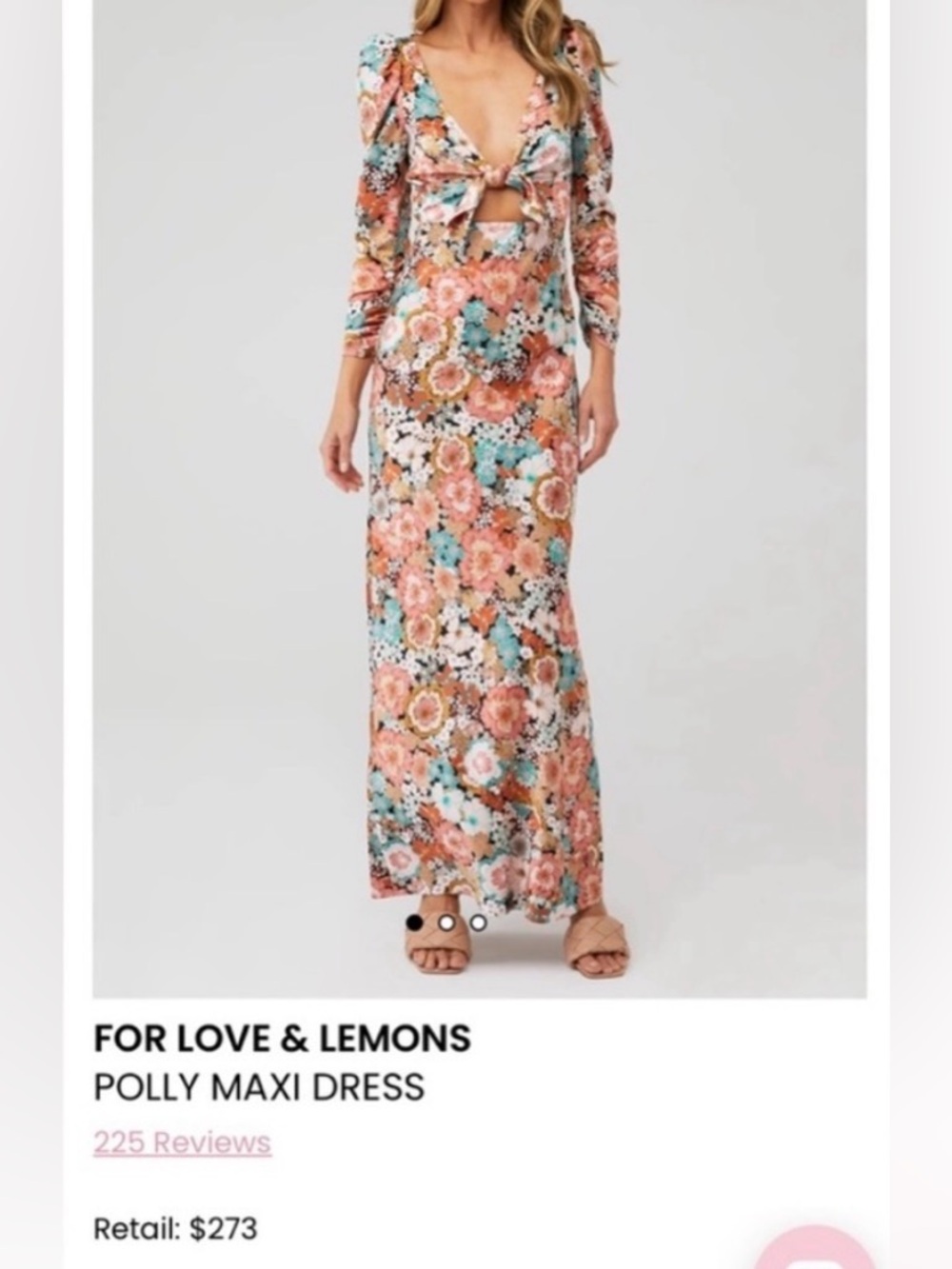 For Love & Lemons Peach s Aqua Floral Tie-Front Maxi Dress key hole puff sleeve - Picture 10 of 10